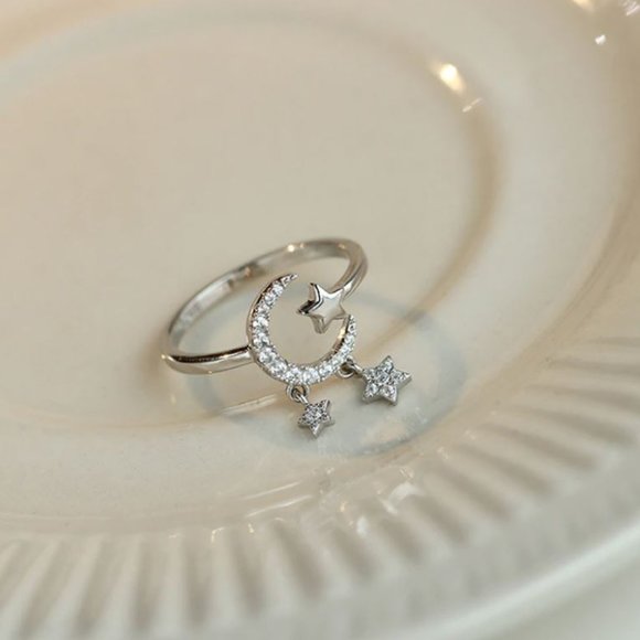 925 Sterling Silver Dangle Moon & Star Ring Minimalist Dainty Celestial … - Picture 3 of 7